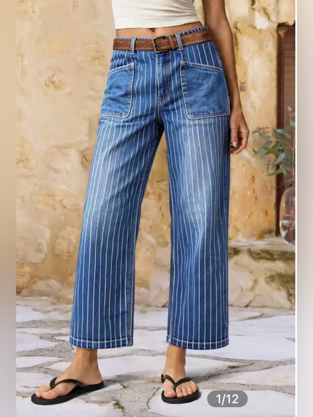 Flamingals Striped Patch Pocket Mid Rise Wide Leg Crop Jeans
